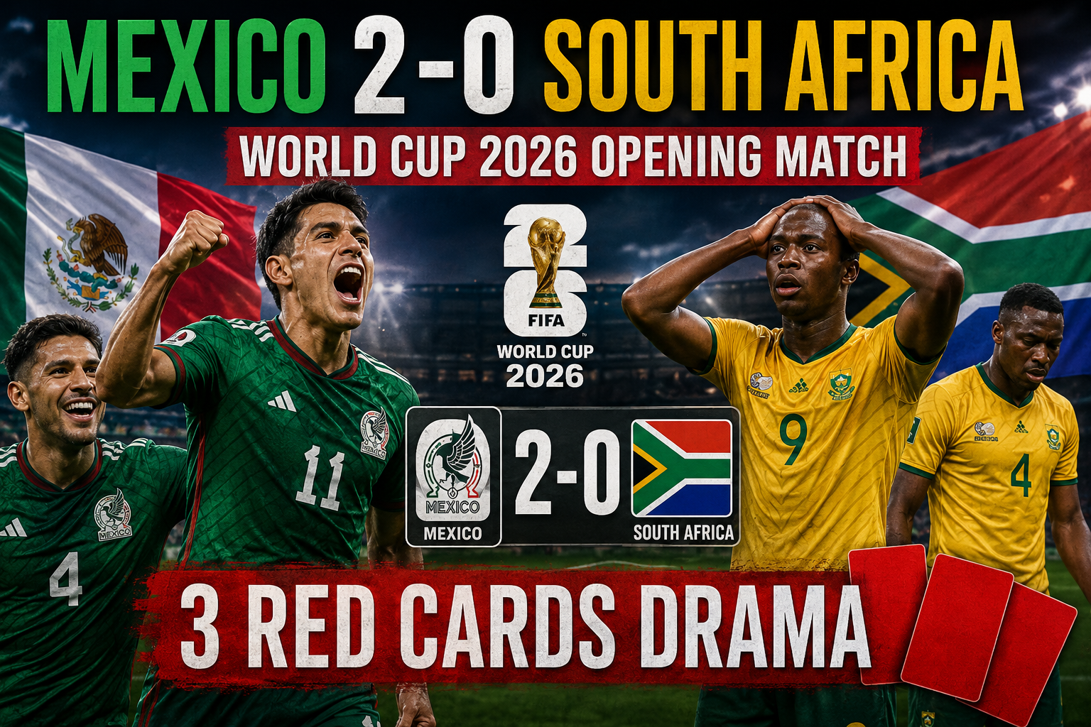 Mexico players celebrate a 2-0 win over South Africa in the FIFA World Cup 2026 opening match as three red cards are shown during a dramatic game.